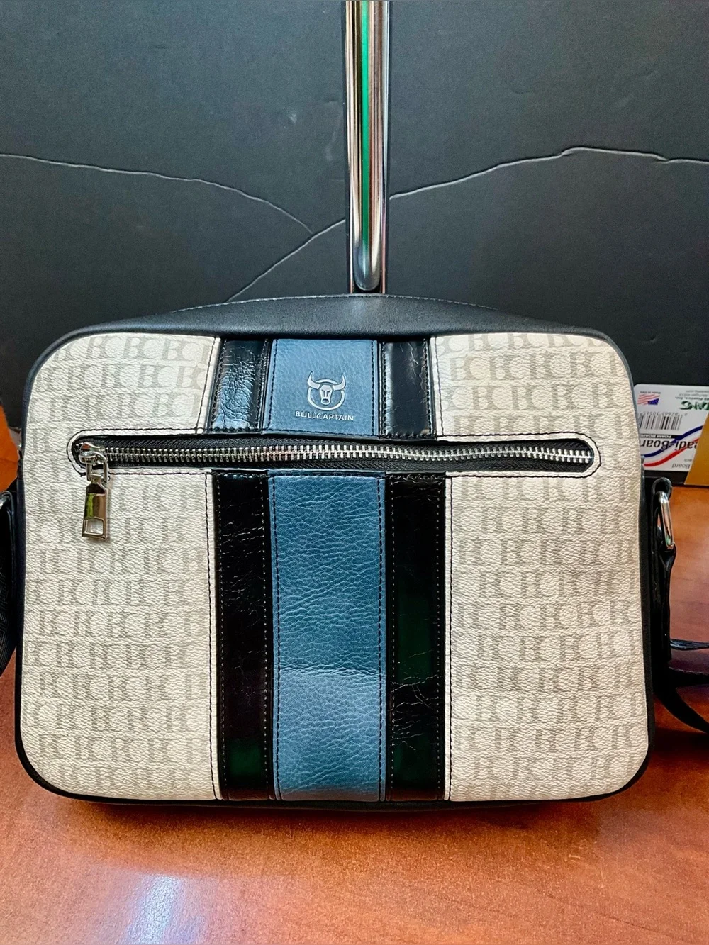 Beige & Black Canvas Messenger Bag with Front Zip Pocket